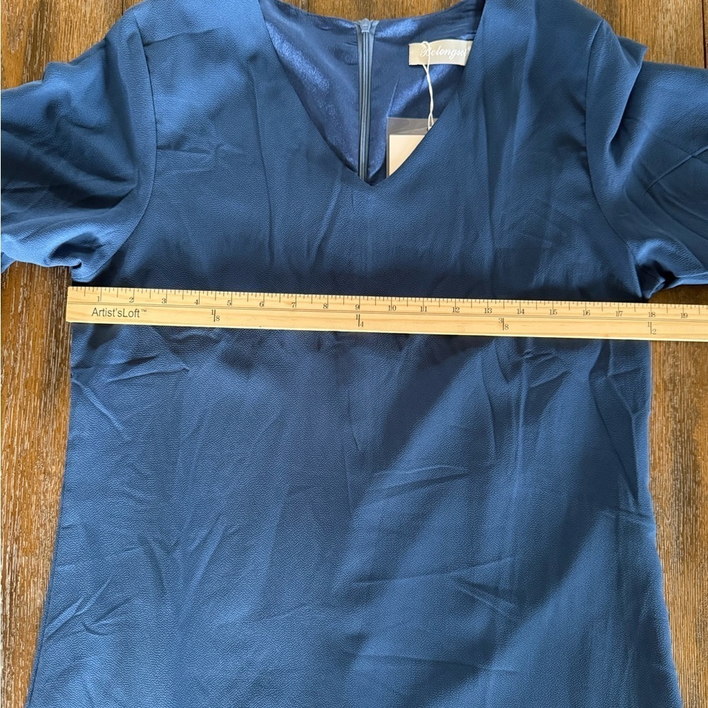 Belongsci NWT Women’s Blue V Neck Bell Sleeve Mini Shift Dress Size S - Picture 9 of 14